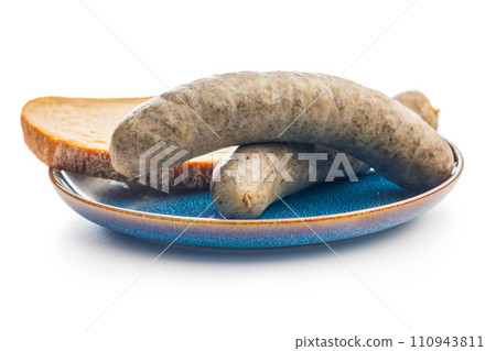 White pudding sausage. Pork product and bread on plate isolated on white background. 110943811
