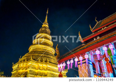 Wat Phra That Haripunchai Woramahawihan during Loy Krathong festival, in Lapmhun, Thailand Wat Phra That Haripunchai Woramahawihan during Loy Krathong festival, in Lapmhun, Thailand 110944249
