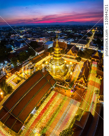 Aerial view of Wat Phra That Haripunchai Woramahawihan during Loy Krathong festival, in Lapmhun Aerial view of Wat Phra That Haripunchai Woramahawihan during Loy Krathong festival, in Lapmhun 110944251