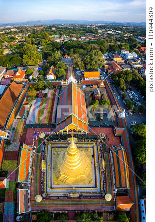 Aerial view of Wat Phra That Haripunchai Woramahawihan during Loy Krathong festival, in Lapmhun 110944309