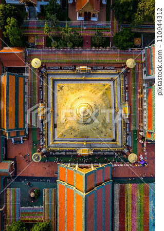Aerial view of Wat Phra That Haripunchai Woramahawihan during Loy Krathong festival, in Lapmhun 110944312