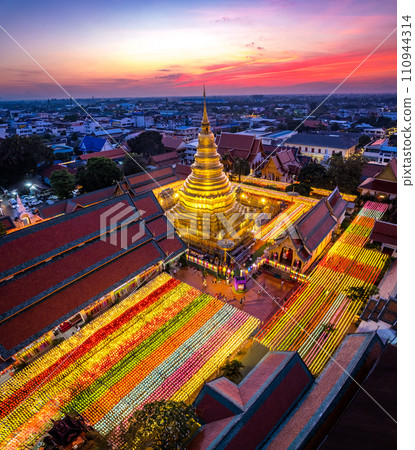 Aerial view of Wat Phra That Haripunchai Woramahawihan during Loy Krathong festival, in Lapmhun 110944314