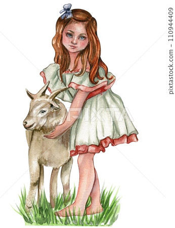Girl with an animal. Watercolor illustration for cards, backgrounds,scrapbooking. Cartoon hand drawn background with flower for kids design .Perfect for wedding invitation. 110944409