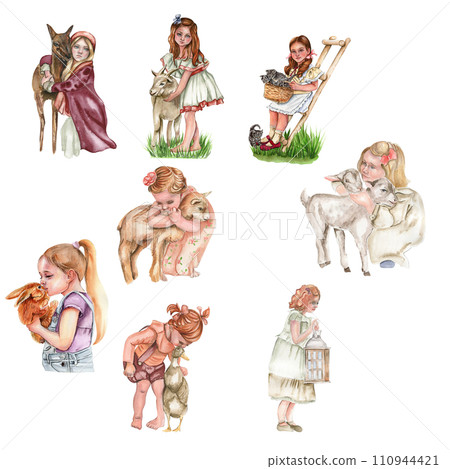 Girl with an animal. Watercolor illustration for cards, backgrounds,scrapbooking. Cartoon hand drawn background with flower for kids design .Perfect for wedding invitation. Girl with an animal. Watercolor illustration for cards, backgrounds,scrapbooking. Cartoon hand drawn background with flower for kids design .Perfect for wedding invitation. 110944421