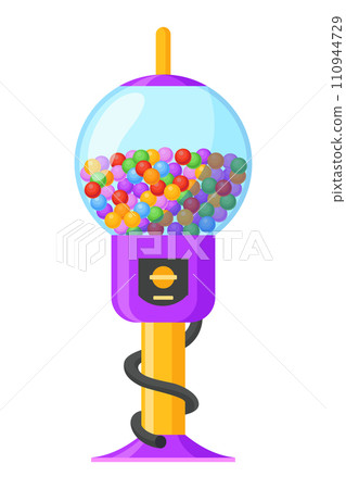 Gumball machine icon. Transparent round glass candy dispenser with colorful bubble gum. Vending machine. Container sweets balls penny coin. Vector illustration isolated on white Gumball machine icon. Transparent round glass candy dispenser with colorful bubble gum. Vending machine. Container sweets balls penny coin. Vector illustration isolated on white 110944729