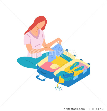 Cartoon Color Character Woman and Packing Suitcase or Luggage Isolated on a White Background Concept Flat Design Style. Vector illustration of Girl and Clothes for Journey Cartoon Color Character Woman and Packing Suitcase or Luggage Isolated on a White Background Concept Flat Design Style. Vector illustration of Girl and Clothes for Journey 110944733