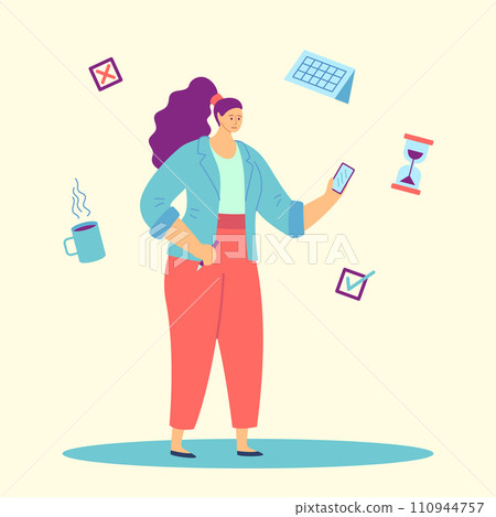 Cartoon Color Character Girl and Floating Objects Around Concept Flat Design Style. Vector illustration 110944757