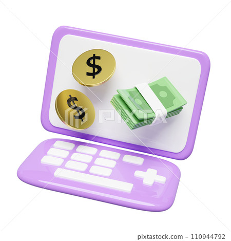 3d purple laptop computer monitor with coin dollar money, banknotes stack isolated. minimal concept, 3d render illustration 3d purple laptop computer monitor with coin dollar money, banknotes stack isolated. minimal concept, 3d render illustration 110944792