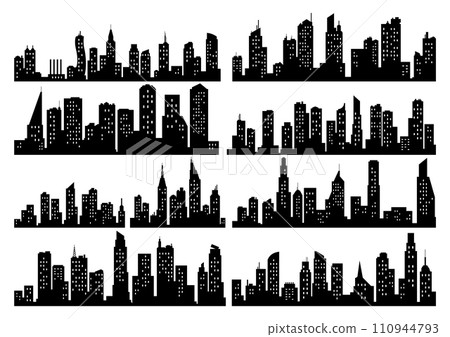 Vector city silhouette collection. Modern urban landscapes. High buildings with windows. Illustration on white background Vector city silhouette collection. Modern urban landscapes. High buildings with windows. Illustration on white background 110944793