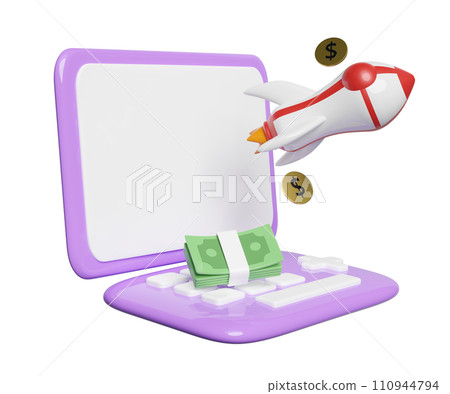 3d purple laptop computer monitor with rocket, coin dollar money, banknotes stack isolated. minimal concept, 3d render illustration 3d purple laptop computer monitor with rocket, coin dollar money, banknotes stack isolated. minimal concept, 3d render illustration 110944794