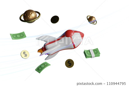 rocket with banknote stack, coin dollar money, stars. currency values soar like rockets in the sky. 3d render illustration rocket with banknote stack, coin dollar money, stars. currency values soar like rockets in the sky. 3d render illustration 110944795