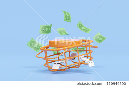 Orange podium empty with banknote, basket, invoice or paper check receipt isolated. economic movements or business finance concept, 3d illustration render Orange podium empty with banknote, basket, invoice or paper check receipt isolated. economic movements or business finance concept, 3d illustration render 110944800