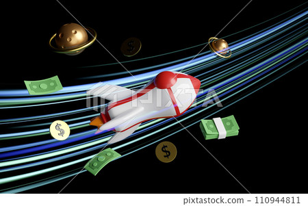 rocket with banknote stack, coin dollar money, stars. currency values soar like rockets in the sky. 3d render illustration 110944811