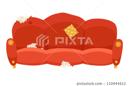 Broken sofa icon. Torn old couche for living room isolated on white background. Damaged indoor old furniture messy seat of sofa. Vector interior object in cartoon style Broken sofa icon. Torn old couche for living room isolated on white background. Damaged indoor old furniture messy seat of sofa. Vector interior object in cartoon style 110944812