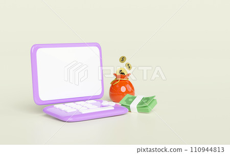 3d purple laptop computer monitor with bag coin dollar money, banknotes stack isolated. minimal concept, 3d render illustration 110944813