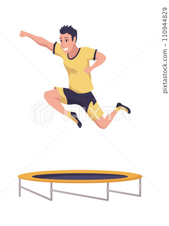 Kids jumping on trampoline icon. Child activities design element. Indoor or outdoor fun, fitness jumping. Equipment acrobatic and gymnastic exercises. Vector illustration 110944829