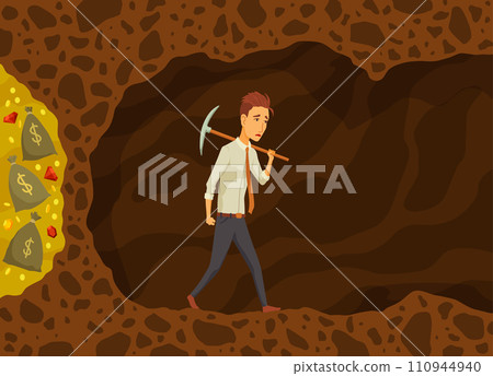 Businessman fail. Man use pickaxe to dig caves in search valuable treasures. Ambitious and challenging to succeed in business. Career development and motivation to achieve great goals concept 110944940