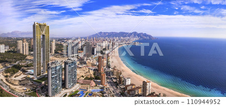 Benidorm city of Costa Blanca, Spain. Aerial drone panoramic high angle view 110944952