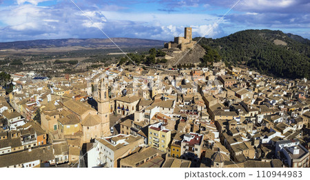 ancient Town Biar in Spain, Sierra de Mariola in the Vinalopo Valley in the province of Alicante . aerial drone view 110944983