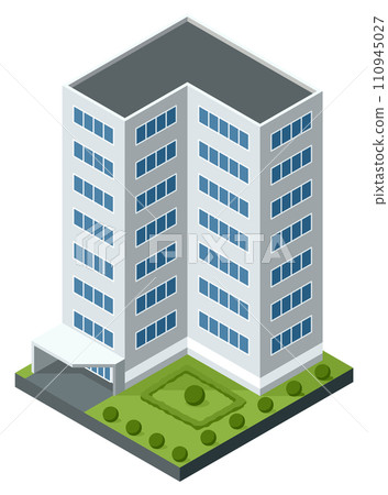 Isometric offices or business center icon. Town apartment building city map creation. Architectural vector 3d illustration. Infographic element. City house composition 110945027