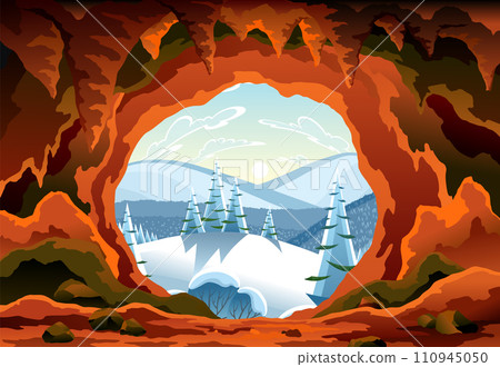 Cave landscape. Winter nature scene of cave entrance. Prehistoric dungeon, rock cavern game illustration. Vector illustration of tunnel in mountain or mine in rocks Cave landscape. Winter nature scene of cave entrance. Prehistoric dungeon, rock cavern game illustration. Vector illustration of tunnel in mountain or mine in rocks 110945050