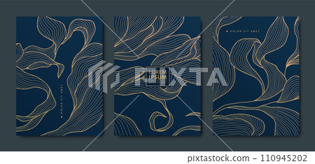 Vector set of art deco gold leaves background, copper luxury abstract design, line tropical illustrations. Use for invitations, banners, borders, package 110945202