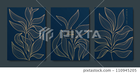 Vector set of art deco gold leaves background, copper luxury abstract design, line tropical illustrations. Use for invitations, banners, borders, package Vector set of art deco gold leaves background, copper luxury abstract design, line tropical illustrations. Use for invitations, banners, borders, package 110945205