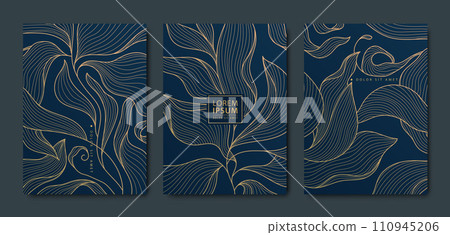 Vector set of art deco gold leaves background, copper luxury abstract design, line tropical illustrations. Use for invitations, banners, borders, package Vector set of art deco gold leaves background, copper luxury abstract design, line tropical illustrations. Use for invitations, banners, borders, package 110945206