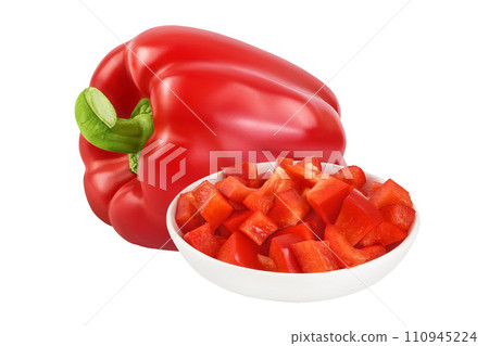 slices of red sweet bell pepper in ceramic bowl isolated on white background with full depth of field 110945224