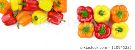 yellow orange and red sweet bell pepper isolated on white background with copy space for your text. Top view. Flat lay 110945225