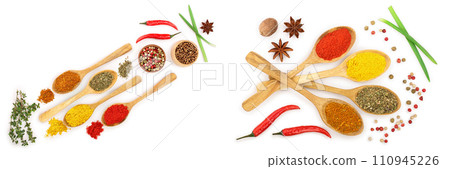mix of spices in wooden spoon isolated on a white background with copy space for your text. Top view. Flat lay. Set or collection mix of spices in wooden spoon isolated on a white background with copy space for your text. Top view. Flat lay. Set or collection 110945226