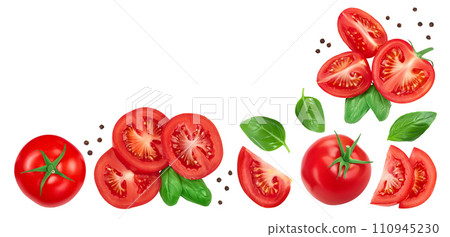 Tomato slices with basil and peppercorns isolated on white background. Top view with copy space for your text. Flat lay 110945230