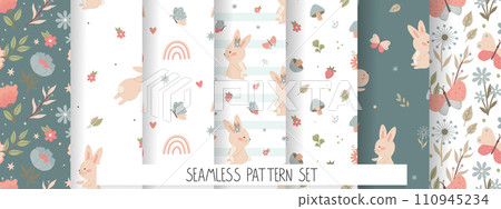 Collection of childish baby pastel minimalistic seamless patterns. Set of vector illustrations with bunny rainbow flowers plants for kids design and textiles. Collection of childish baby pastel minimalistic seamless patterns. Set of vector illustrations with bunny rainbow flowers plants for kids design and textiles. 110945234