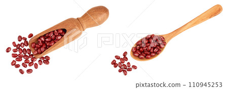 Red adzuki beans in wooden scoop isolated on white background. Top view. Flat lay. Red adzuki beans in wooden scoop isolated on white background. Top view. Flat lay. 110945253