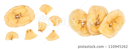 Dried banana chips isolated on white background with full depth of field. Top view. Flat lay Dried banana chips isolated on white background with full depth of field. Top view. Flat lay 110945262