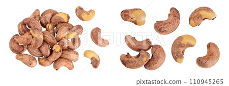 cashew nuts heap with shell isolated on white background. Top view. Flat lay 110945265