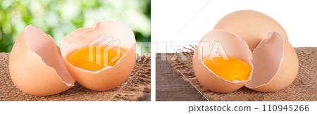 Broken egg with yolk and eggshell On a wooden table with a blurry garden background 110945266