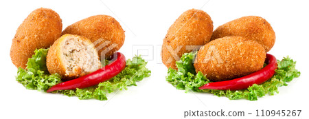 three fried breaded cutlet with lettuce and pepper isolated on white background 110945267