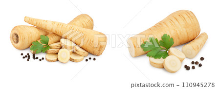 Parsnip root and slices with parsley peppercorns isolated on white background closeup Parsnip root and slices with parsley peppercorns isolated on white background closeup 110945278