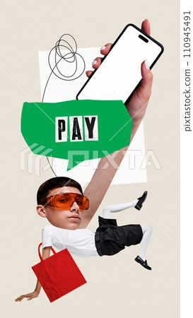 Modern aesthetic artwork. Surrealistic collage. Man in orange glasses and white shirt, with dynamic posture, holds smartphone adjacent to Pay speech bubble 110945491