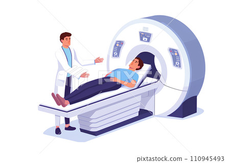 Radiologist and male patient performing CT/MRI examination 110945493