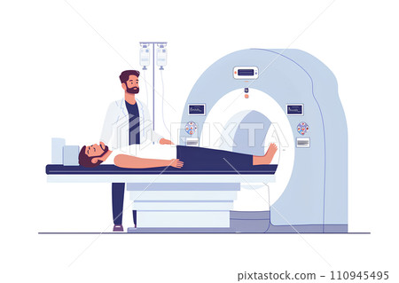 Radiologist and male patient performing CT/MRI examination 110945495