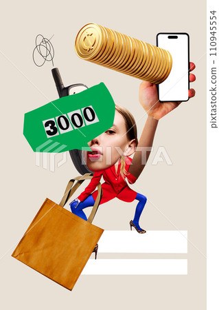 Modern aesthetic artwork. Woman with coin stack flying out of mobile phone. Pay on price tag. Collage with abstract elements. Modern aesthetic artwork. Woman with coin stack flying out of mobile phone. Pay on price tag. Collage with abstract elements. 110945554