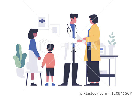 Pediatrician examining patient and parent and child Pediatrician examining patient and parent and child 110945567