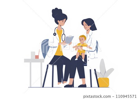 Pediatrician examining patient and parent and child 110945571