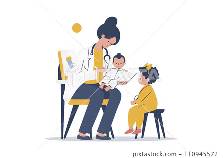 Pediatrician examining patient and parent and child 110945572