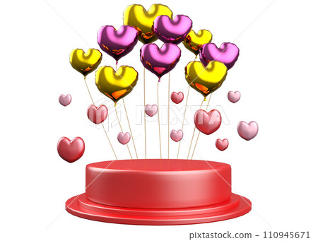 3D Pedestal with gold and pink heart balloons 110945671