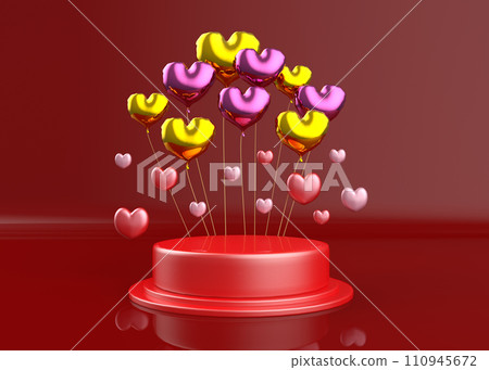 3D Pedestal with gold and pink heart balloons 110945672