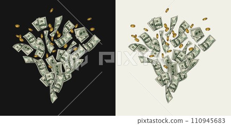 Money dollar composition like fountain, firework with pile of flying apart 100 dollar notes, banknotes, golden coins. Composition, design element in vintage style. 110945683