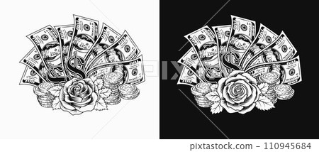 Composition with US 100 dollar bills fan, stacks of coins, dollar sign, rose flower. Cash money. Concept of success and luck. Illustration on black, white background. Composition with US 100 dollar bills fan, stacks of coins, dollar sign, rose flower. Cash money. Concept of success and luck. Illustration on black, white background. 110945684